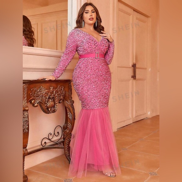Pink Luxurious Beaded Sequin Rhinestone Long sleeve Elegant FormalEvening Dress - Picture 2 of 12
